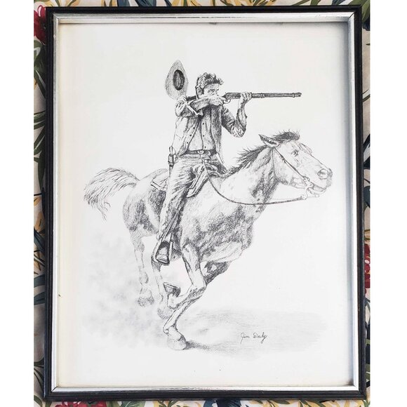 Jim Daly Vintage Cowboy and Horse with Gun Western Print Pencil Drawing Framed - Picture 1 of 6